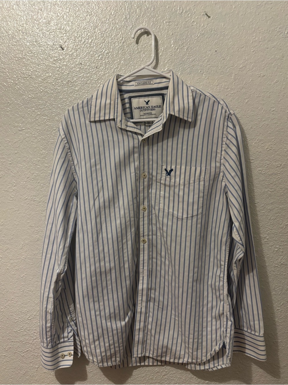 American Eagle Outfitters White Shirt with Blue Pinstripes
